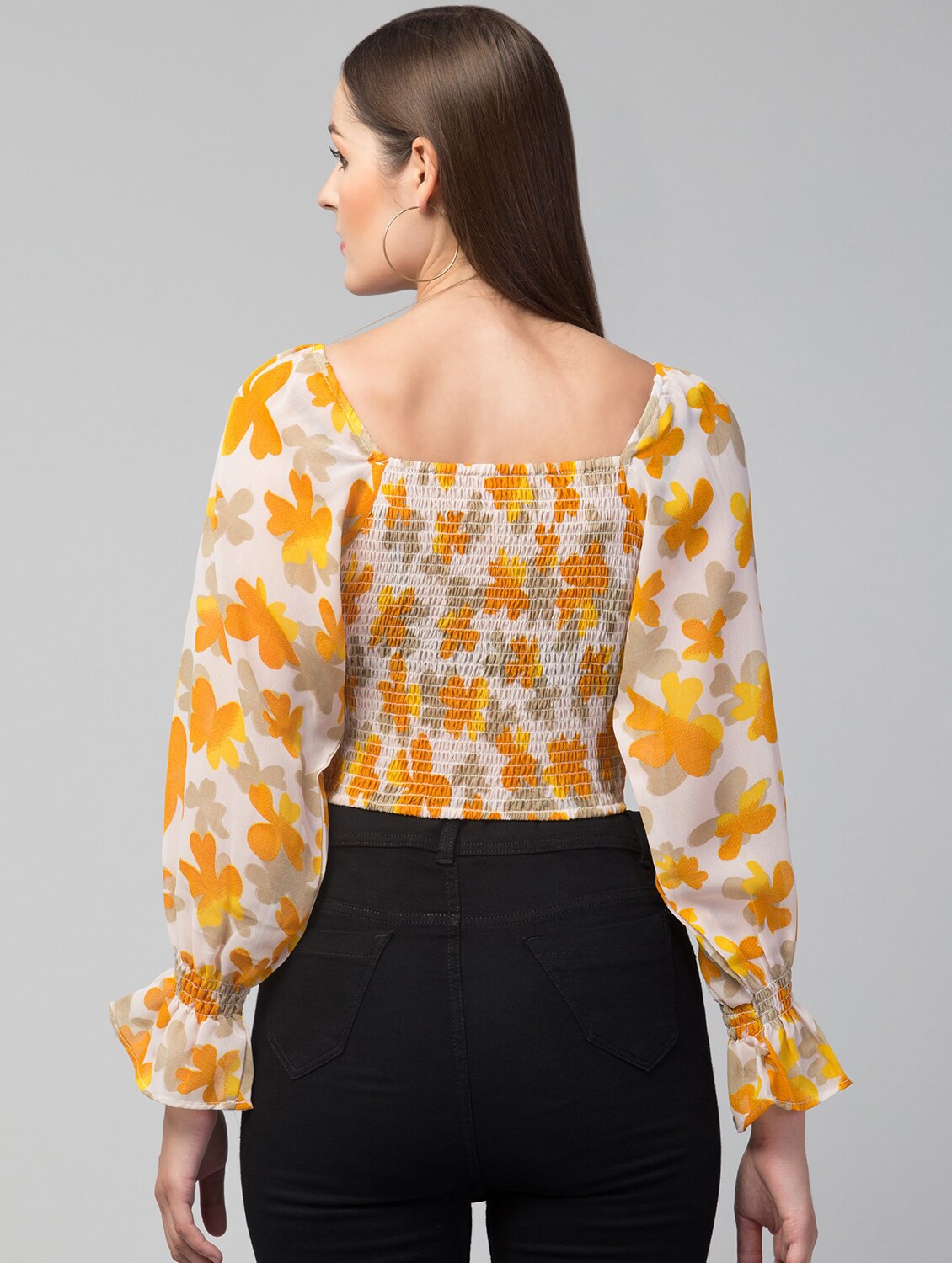 Printed V-neck Yellow Georgette Top