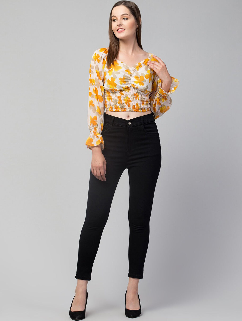 Printed V-neck Yellow Georgette Top