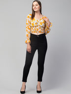 Printed V-neck Yellow Georgette Top