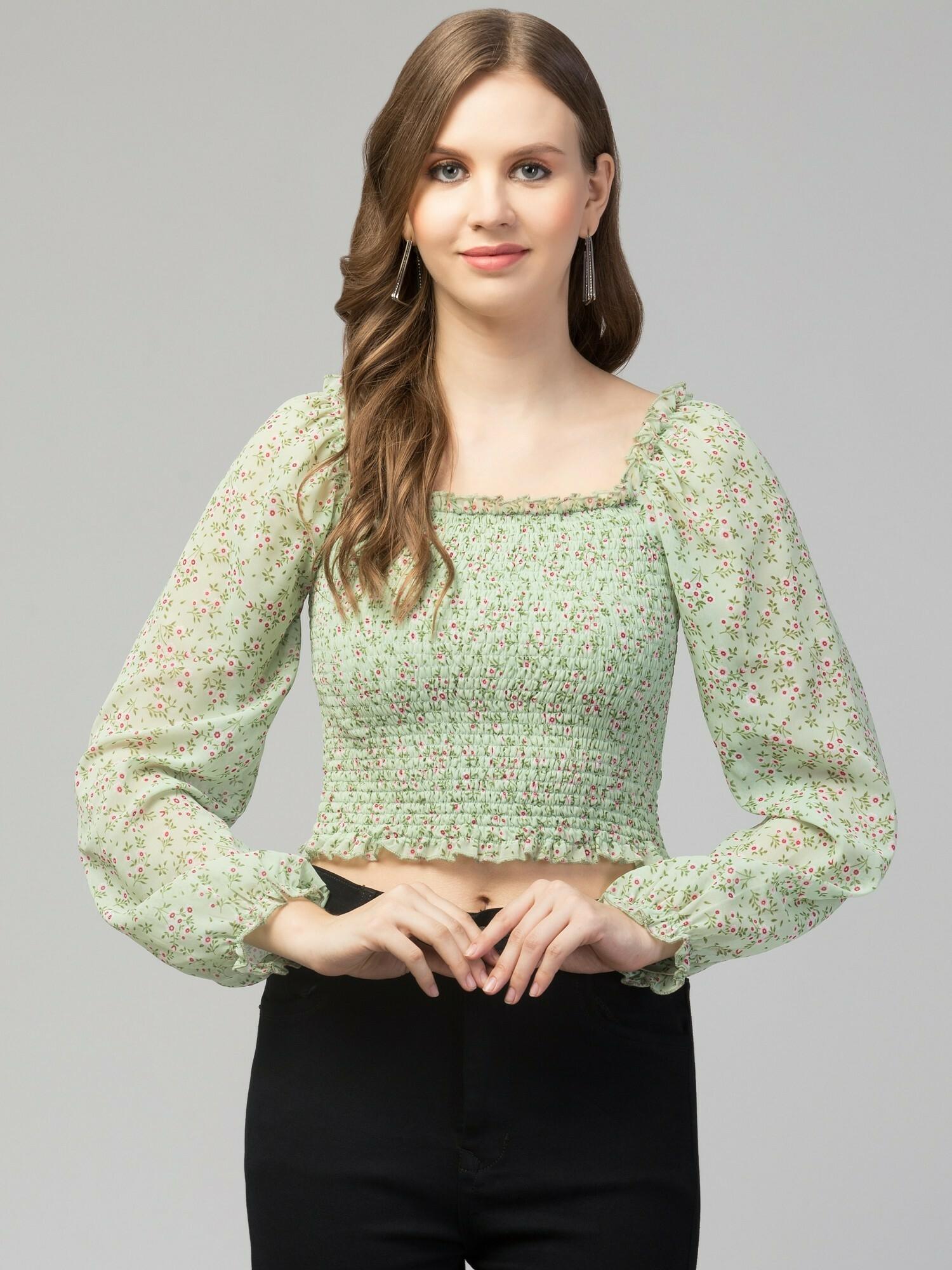 Mint Green Floral Print Smocked Off-Shoulder Top