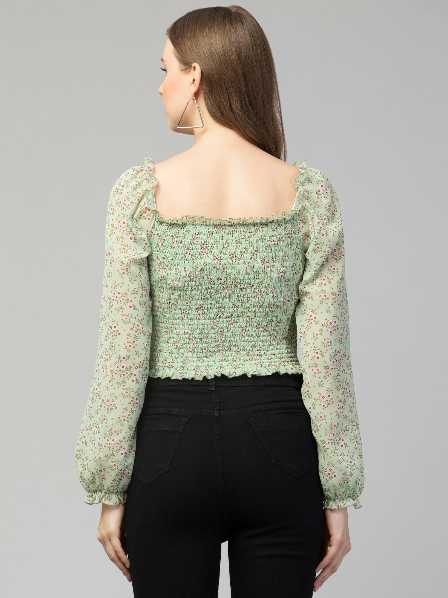 Mint Green Floral Print Smocked Off-Shoulder Top