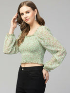 Mint Green Floral Print Smocked Off-Shoulder Top