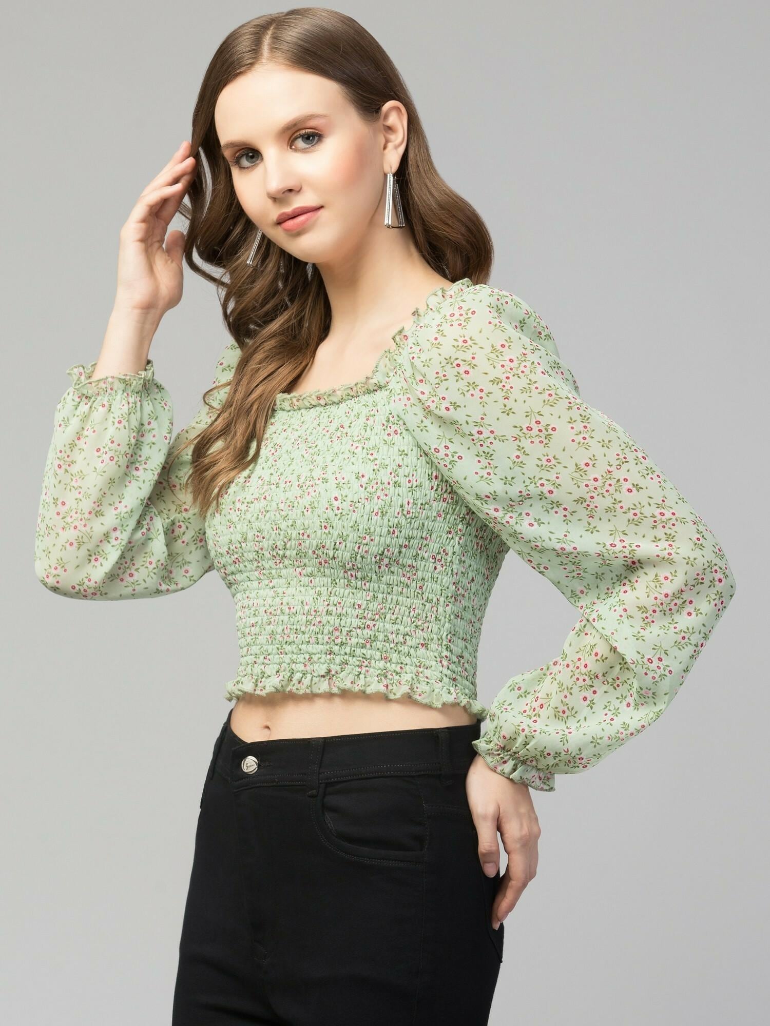 Mint Green Floral Print Smocked Off-Shoulder Top