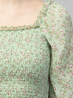 Mint Green Floral Print Smocked Off-Shoulder Top