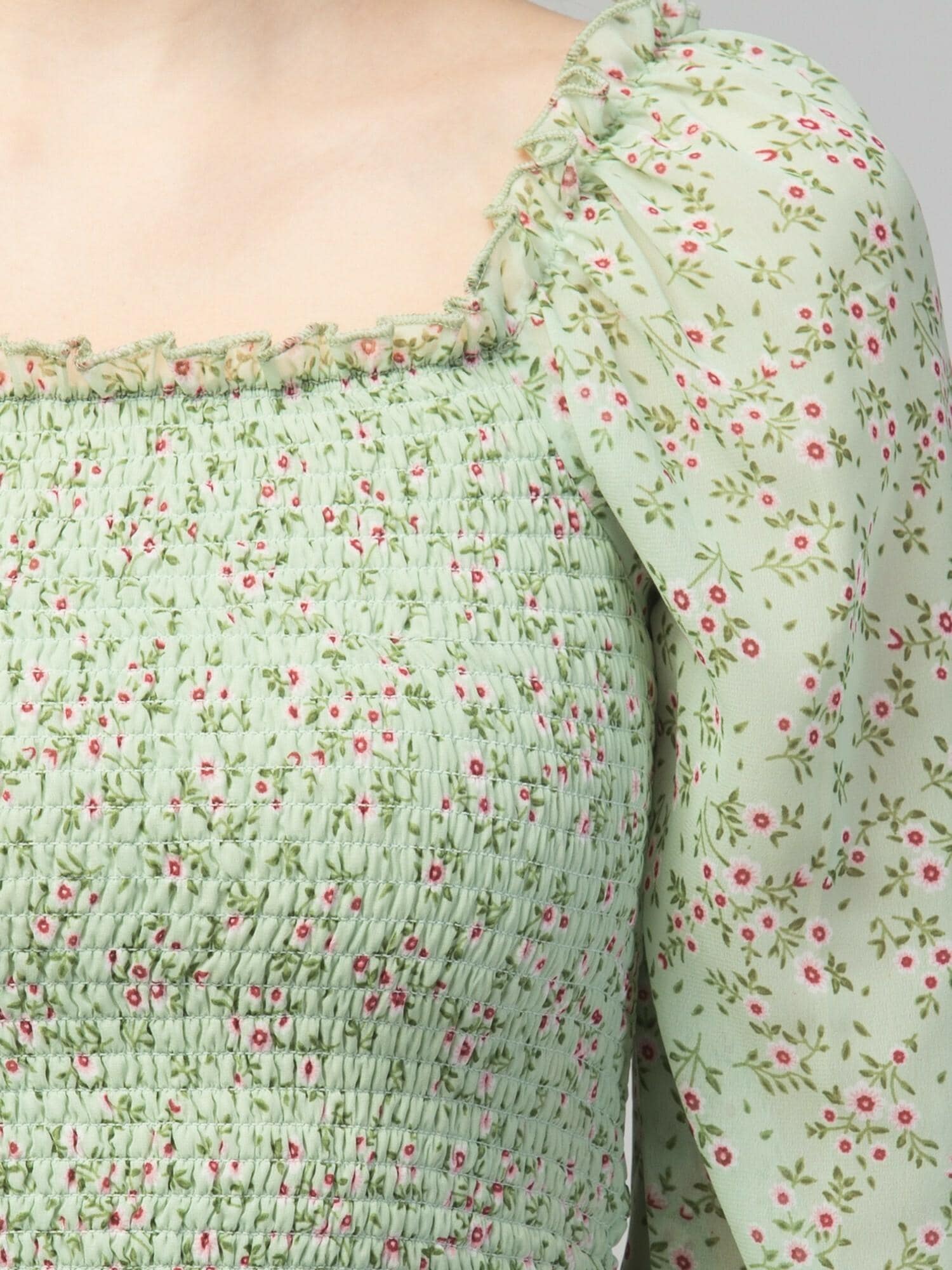 Mint Green Floral Print Smocked Off-Shoulder Top