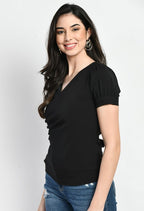 Black V-Neck Button Detail Pleated Top
