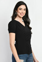 Black V-Neck Button Detail Pleated Top