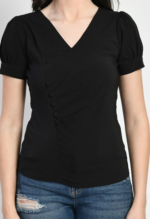 Black V-Neck Button Detail Pleated Top
