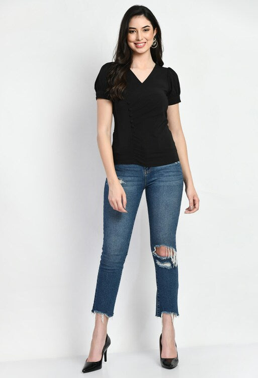 Black V-Neck Button Detail Pleated Top
