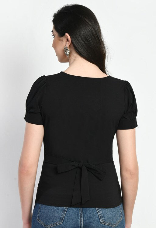 Black V-Neck Button Detail Pleated Top