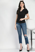 Black V-Neck Button Detail Pleated Top