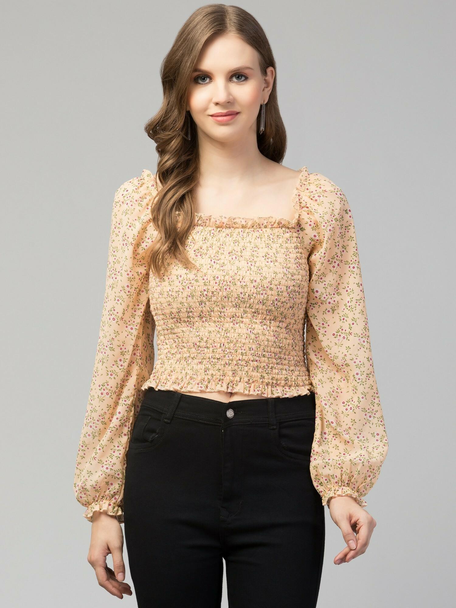 Mint Green Floral Print Smocked Off-Shoulder Top