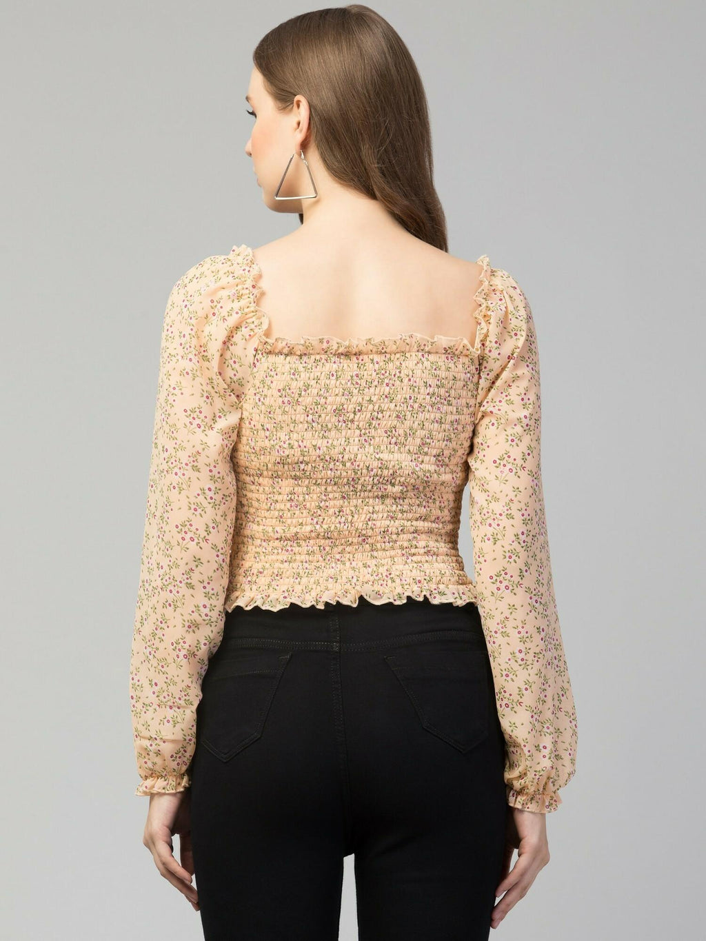 Orange Floral Print Smocked Off-Shoulder Top