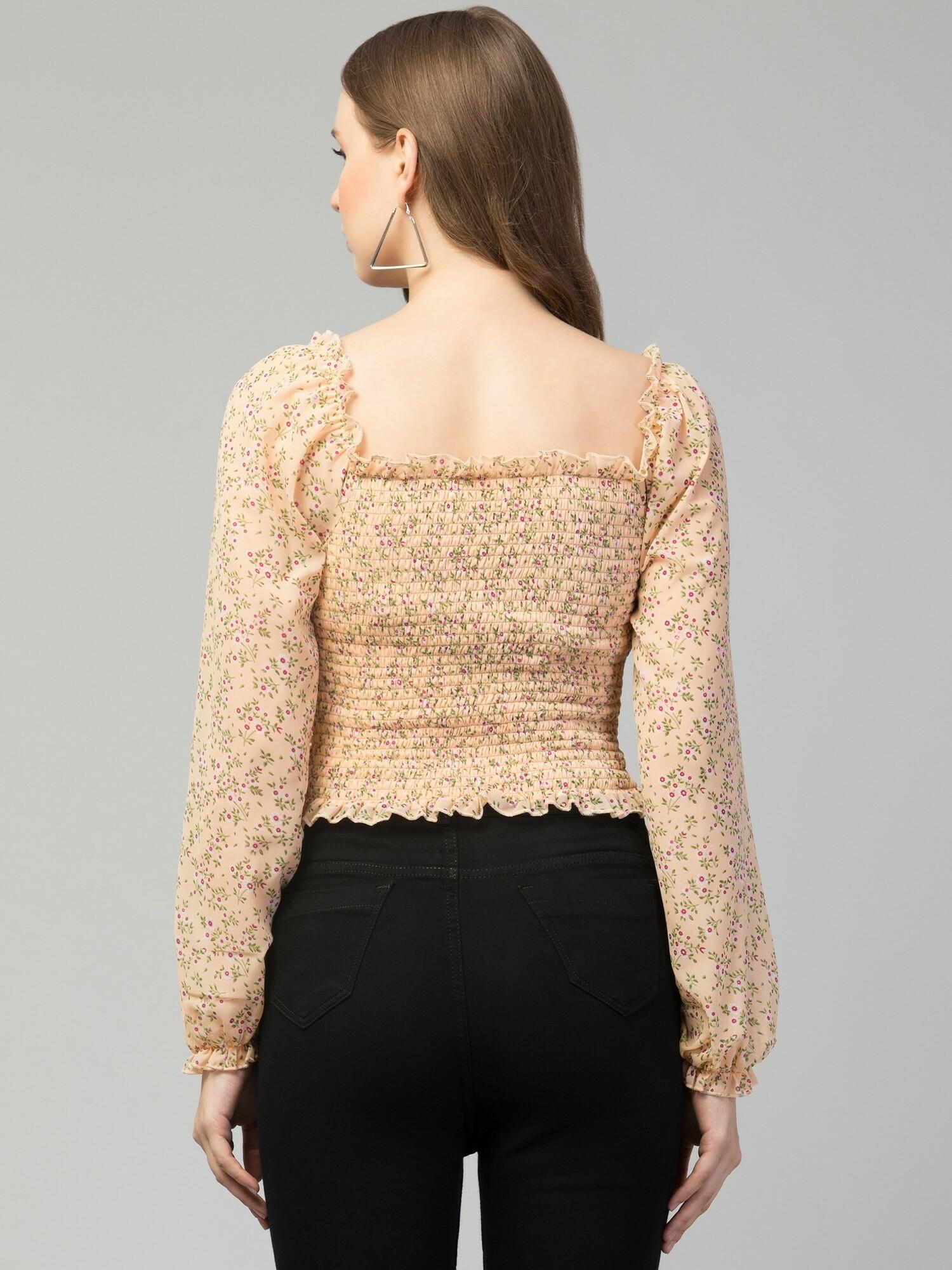 Orange Floral Print Smocked Off-Shoulder Top