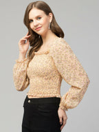 Orange Floral Print Smocked Off-Shoulder Top