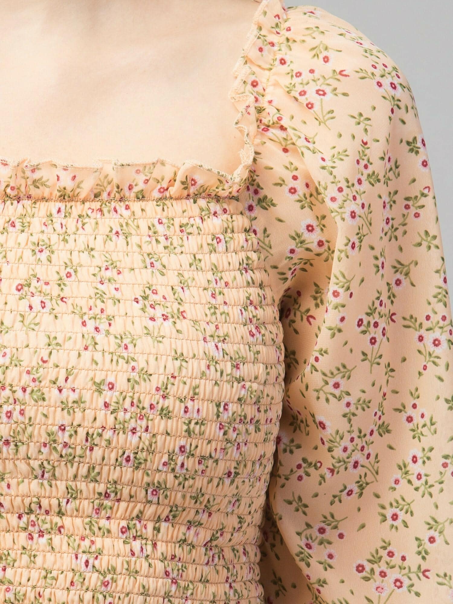 Orange Floral Print Smocked Off-Shoulder Top