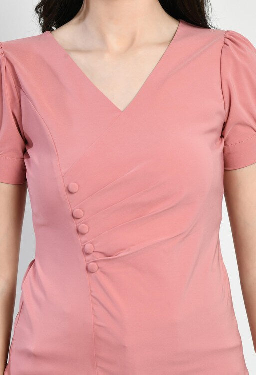 Black V-Neck Button Detail Pleated Top